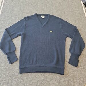 Vintage Izod Lacoste Sweater Men's Medium Navy Blue V Neck Grandpa Made in USA